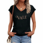 Woman wearing a breathable cotton V-neck t-shirt with "VALE" graphic print, available in Navy Blue, Slate Blue, and Olive Green.