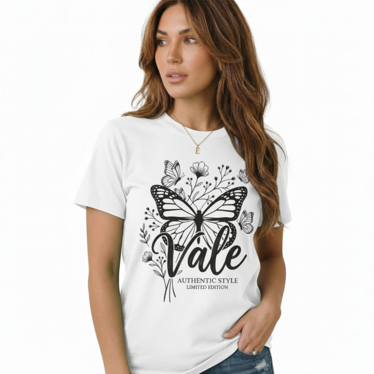 Woman wearing a Vale brand butterfly graphic t-shirt in brown, white, and maroon, featuring a vintage botanical butterfly design on 100% breathable cotton fabric.