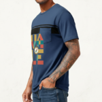 Man wearing a slim-fit breathable cotton t-shirt featuring a geometric "LOVE" compass graphic design on the chest with a horizontal stripe and pocket.