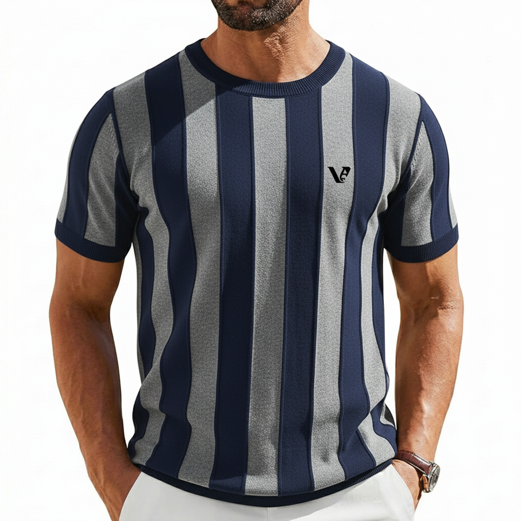 Men’s Premium Vertical Striped Knit T-Shirt Men's vertical striped knit cotton t-shirt in breathable slim fit design.