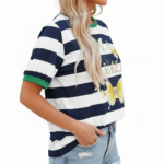 Women's striped cotton t-shirt with yellow butterfly graphic and green ringer neck, breathable summer casual wear.