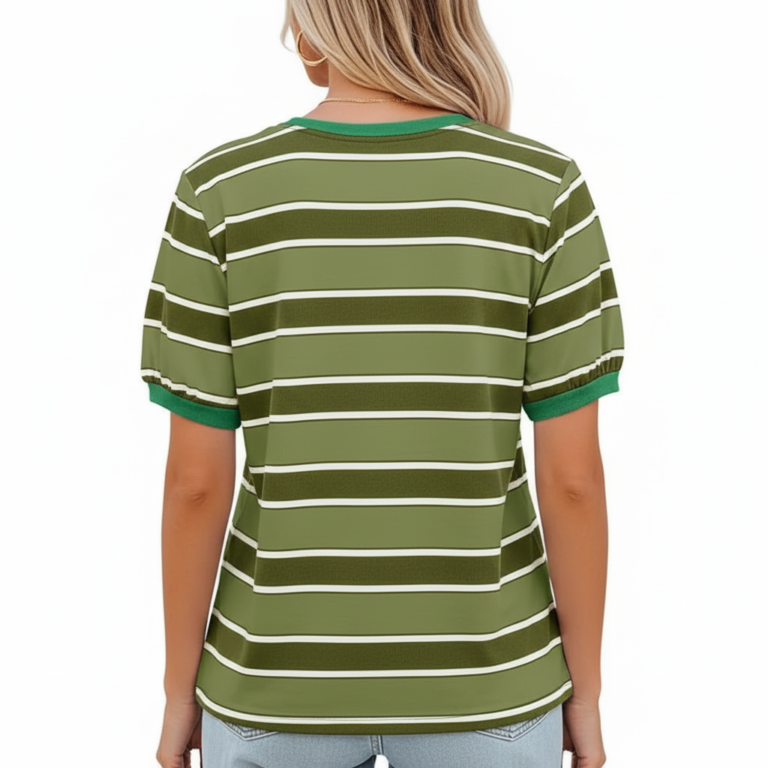 A smiling model wearing a breathable VALE brand cotton t-shirt with horizontal stripes, featuring a central butterfly graphic design and puff sleeves, paired with light-wash distressed denim jeans against a clean white background.