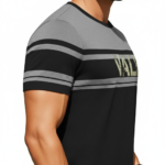 Men's athletic slim fit breathable cotton t-shirt with VALE typography and horizontal color-block stripes