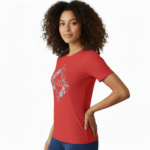 Women wearing a breathable cotton "VALE" floral graphic t-shirt in blue, grey, and red colors.