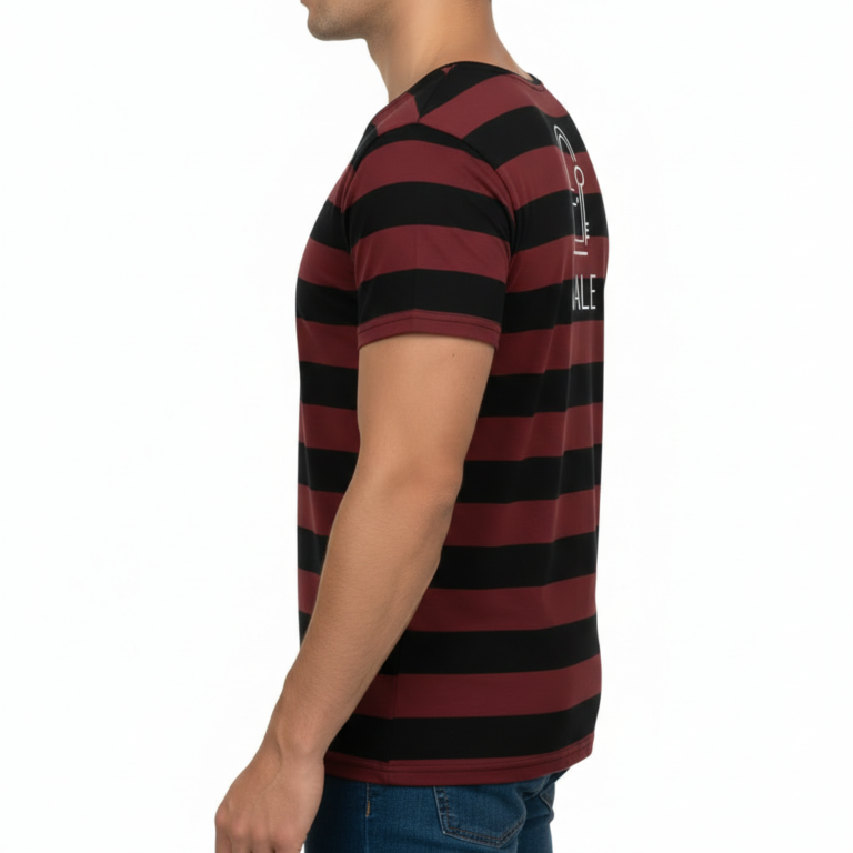 Men's open-collar buttonless pique polo shirt with contrast tipping stripes on the collar and sleeves, available in brown, maroon, and orange.