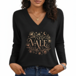 Close-up of a woman wearing a VALE brand long-sleeve V-neck cotton shirt featuring a gold celestial floral graphic design, available in black, navy, and burgundy.