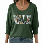 Women's breathable cotton scoop neck shirt featuring a floral 'VALE' graphic and smocked 3/4 sleeves, available in Charcoal, Navy, and Green.