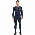 Front view of a man wearing a VALE brand 2-piece compression suit with a gold supercar graphic on the long-sleeve shirt and leggings, available in olive green, navy blue, and maroon.