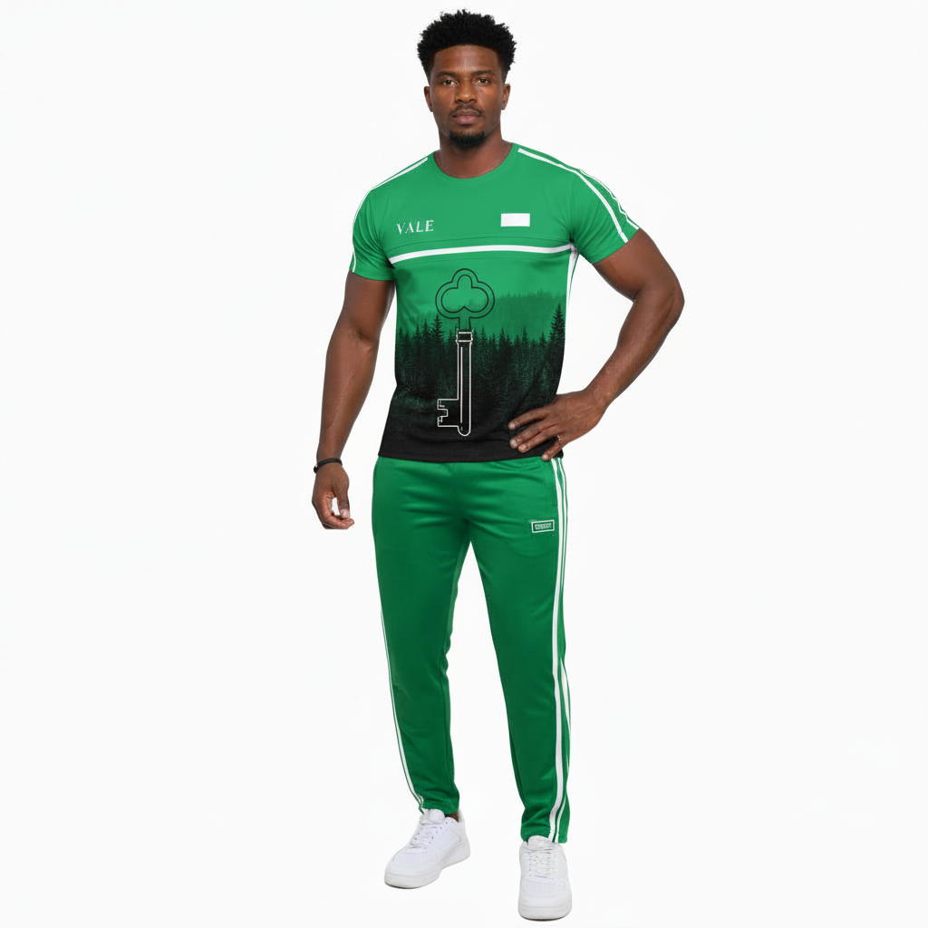 Man wearing a VALE brand breathable cotton tracksuit featuring a forest landscape and key graphic print on the shirt with matching striped track pants.