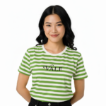 Young woman wearing a VALE brand horizontal striped breathable cotton t-shirt in blue, yellow, and green colors.