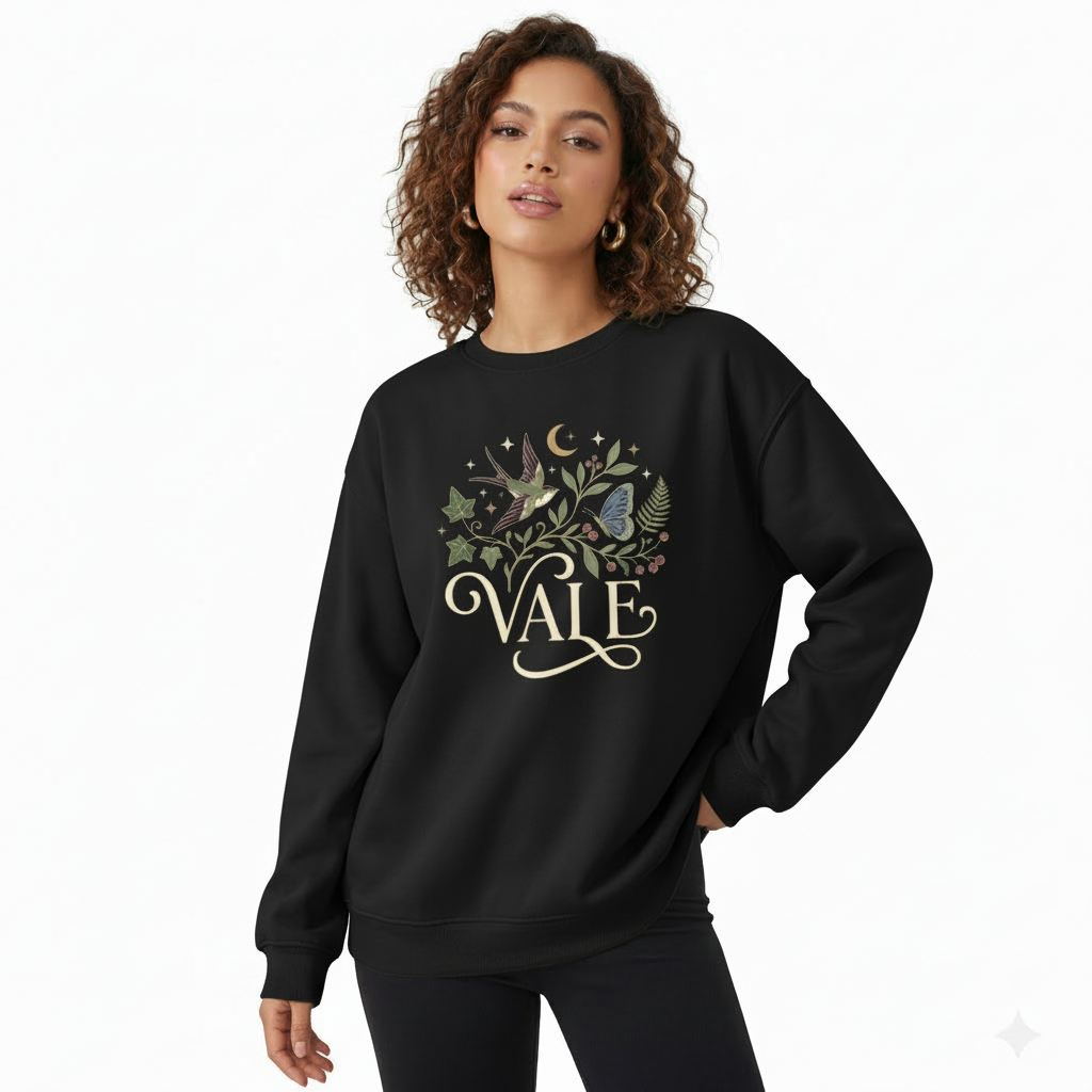 Woman wearing a VALE graphic cotton sweatshirt featuring a swallow, butterfly, and botanical nature design in Forest Green, Black, and Purple colors.