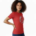 Women wearing a breathable cotton "VALE" floral graphic t-shirt in blue, grey, and red colors.