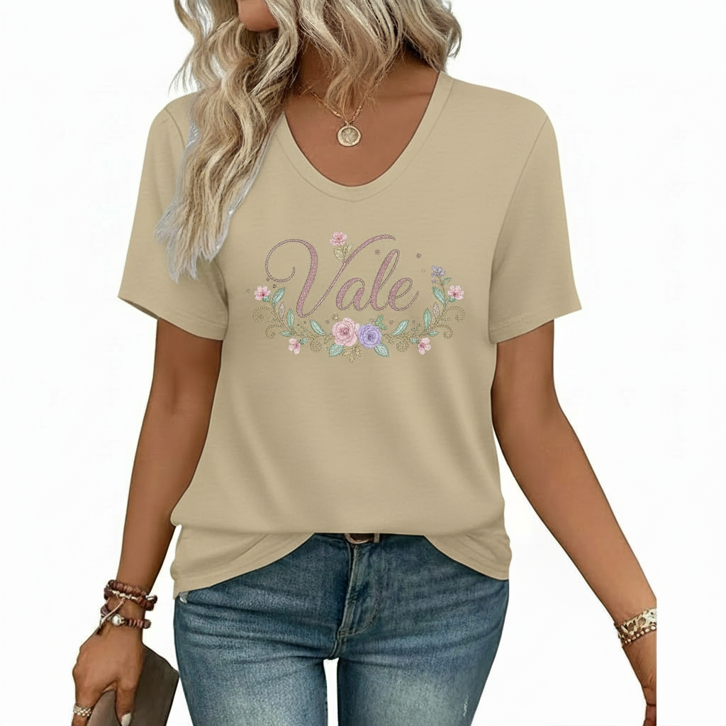 Women's Personalized "Vale" Scoop Neck T-Shirt A woman wearing a breathable cotton V-neck t-shirt with a floral "Vale" graphic design, available in orange, khaki, and olive green colors.