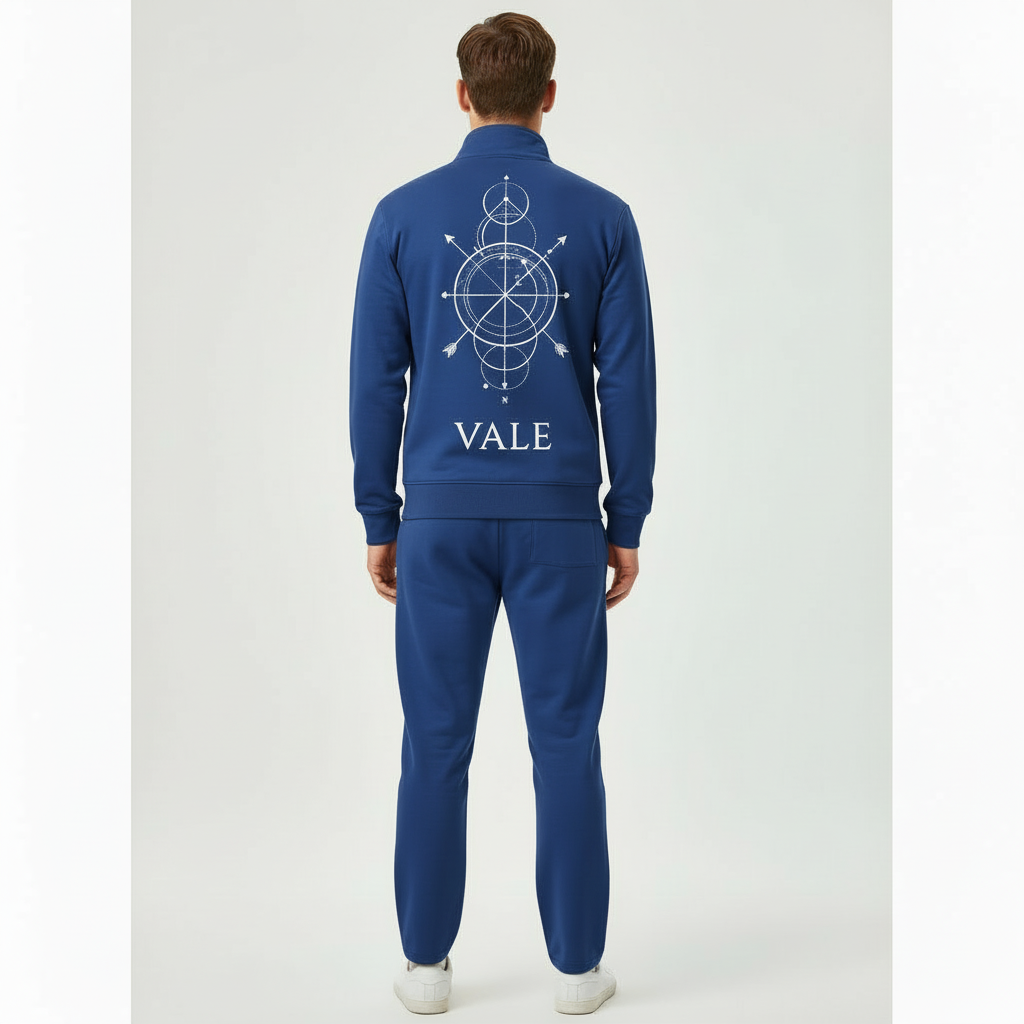 Men's premium minimalist cotton tracksuit featuring a full-zip hoodie and slim-fit joggers with subtle branding on breathable fabric.