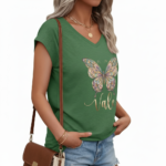 Women's breathable cotton V-neck t-shirt featuring a colorful mandala butterfly graphic and "Vale" script in Sage Green, Rose Pink, and Cream.