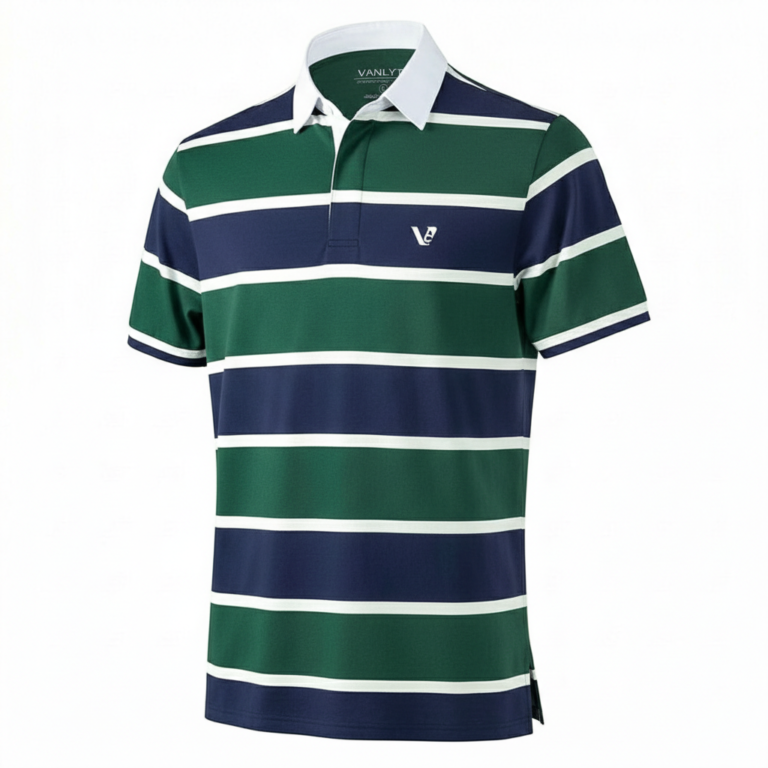 Men's breathable striped pique cotton rugby polo shirt with white contrast collar and athletic slim fit.