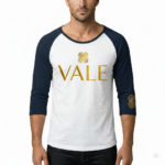 Men's VALE brand 3/4 sleeve raglan cotton shirt featuring metallic chest logo and sleeve detail in Maroon, Navy, and Black.