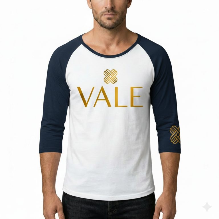 Men's VALE brand 3/4 sleeve raglan cotton shirt featuring metallic chest logo and sleeve detail in Maroon, Navy, and Black.