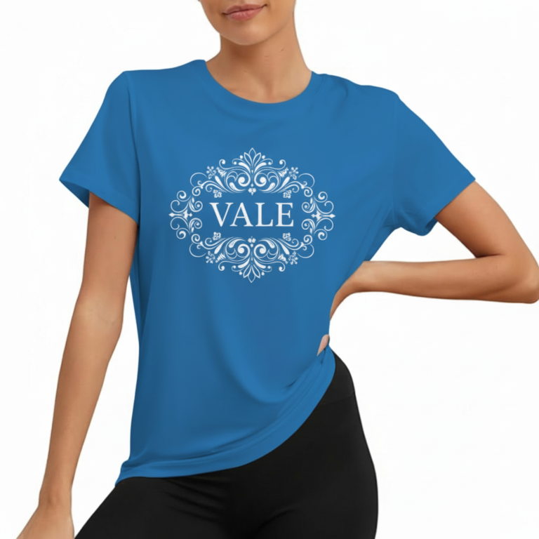 Women wearing VALE brand cotton graphic t-shirt with white filigree mandala design, available in blue, mustard, and cream.