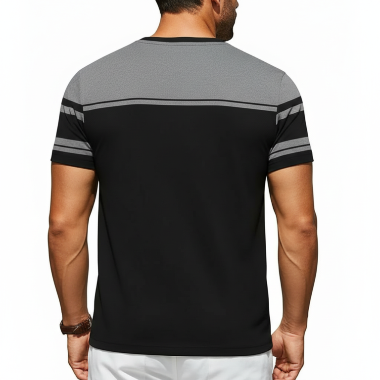 Men's athletic slim fit breathable cotton t-shirt with VALE typography and horizontal color-block stripes