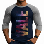 Men's athletic slim fit 3/4 sleeve raglan shirt featuring a vertical "VALE" textured graphic print on breathable cotton fabric.