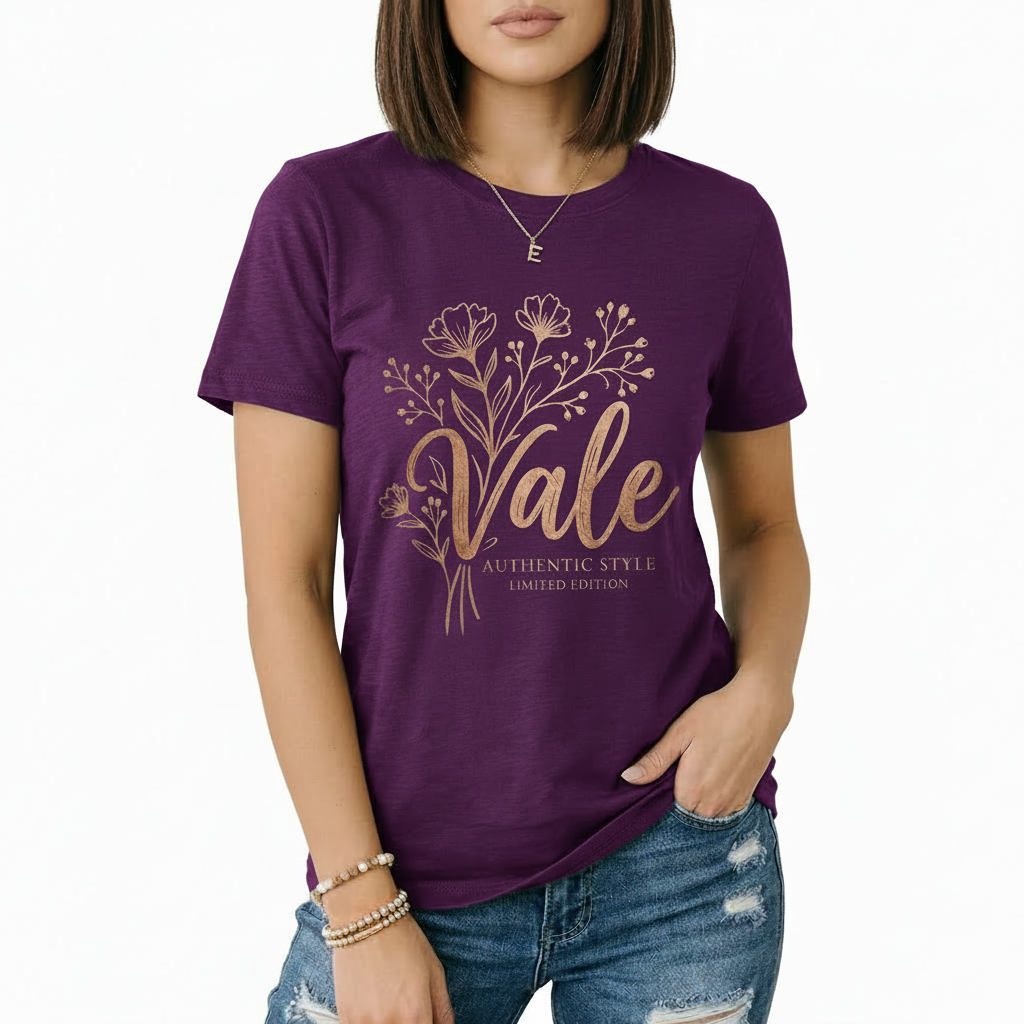Female model wearing a Vale Limited Edition floral graphic t-shirt made of breathable cotton, featuring copper metallic flower design and script lettering.