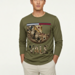 Men's long sleeve cotton shirt featuring a realistic mechanical watch gear "VALE" graphic print, available in orange, charcoal, and olive green.
