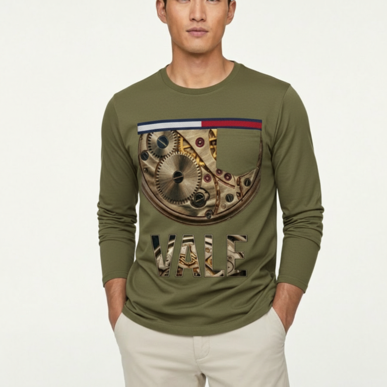 Men's long sleeve cotton shirt featuring a realistic mechanical watch gear "VALE" graphic print, available in orange, charcoal, and olive green.