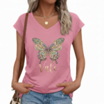 Women's breathable cotton V-neck t-shirt featuring a colorful mandala butterfly graphic and "Vale" script in Sage Green, Rose Pink, and Cream.