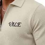 A collection of men's VALE 2-piece tracksuits made of breathable cotton textured jacquard, featuring a quarter-zip polo and joggers with a black pine forest gradient design, shown in Beige, Grey, Red, Navy, Maroon, and Orange.