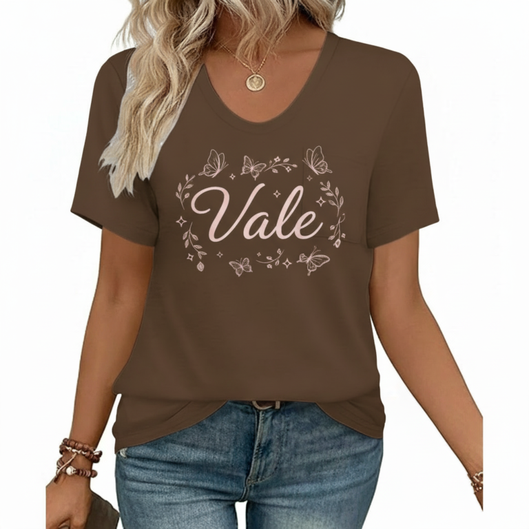 A woman wearing a breathable cotton V-neck T-shirt with a "Vale" butterfly graphic design, available in brown, green, and grey.