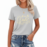 Women wearing Vale branded cotton graphic t-shirt with butterfly and floral swirl design, available in Maroon, Grey, and Cream colors.