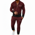 Men's 2-piece breathable textured cotton tracksuit with a quarter-zip polo and joggers featuring a black pine forest gradient design and white VALE logo in Green, Pink, and Wine colors.