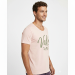Man wearing a breathable 100% cotton Vale signature scoop neck t-shirt in navy, pink, and burgundy colors, athletic slim fit.