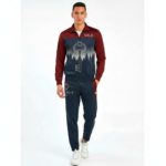 Men's breathable cotton tracksuit featuring a forest silhouette and key graphic print, available in green, orange, and maroon color blocks.