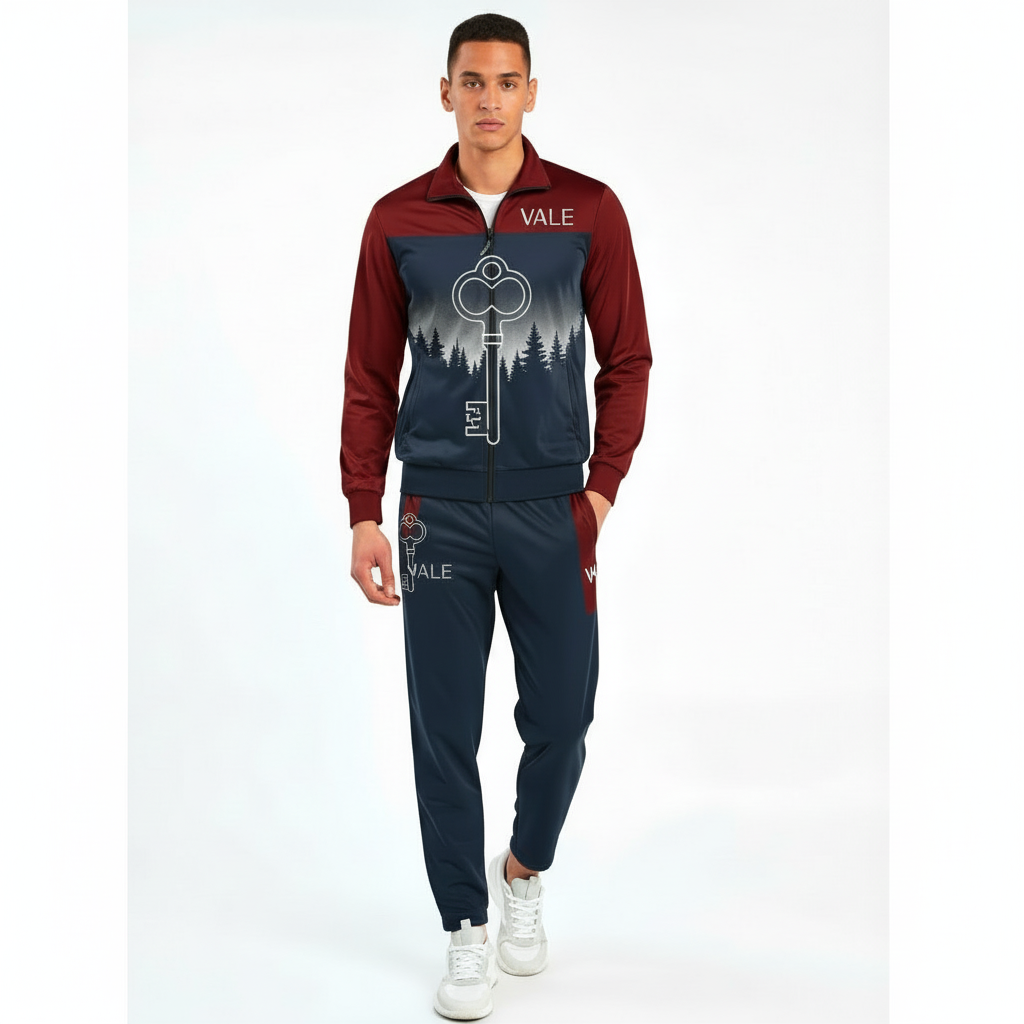 Men's breathable cotton tracksuit featuring a forest silhouette and key graphic print, available in green, orange, and maroon color blocks.