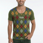 Man wearing Vale brand argyle pattern cotton t-shirt in black, blue, and green colors.