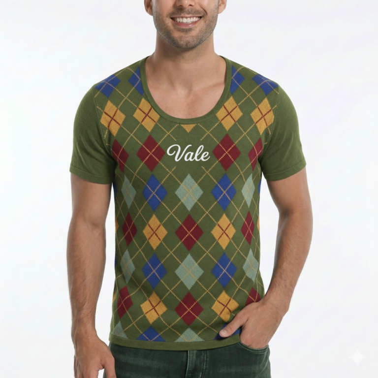 Man wearing Vale brand argyle pattern cotton t-shirt in black, blue, and green colors.