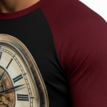 Close-up of a man wearing a breathable cotton raglan shirt featuring a vintage steampunk clockwork design and gothic 'Vale' text, athletic fit 3/4 sleeves.