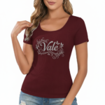 Slim-fit women's ribbed cotton t-shirt featuring a silver "Vale" butterfly graphic, available in burgundy, black, and orange.