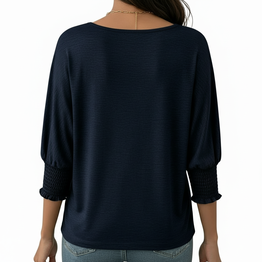 Women's breathable cotton scoop neck shirt featuring a floral 'VALE' graphic and smocked 3/4 sleeves, available in Charcoal, Navy, and Green.