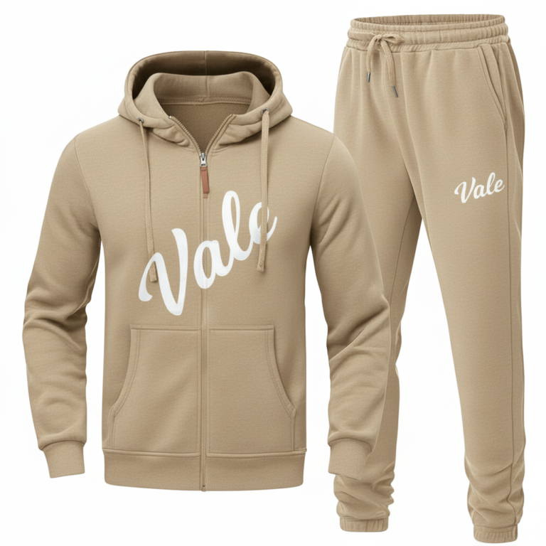 Two-piece men's breathable cotton tracksuit set including a full-zip hoodie and matching joggers with Vale logo, available in Navy Blue, Olive Green, and Beige.