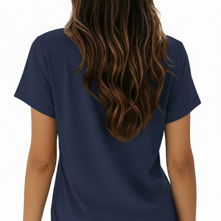 Women's breathable 100% cotton T-shirt featuring "Vale" floral wreath lace design in Navy, Pink, and Brown colors.