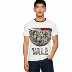 Front view of a man wearing a VALE brand steampunk graphic t-shirt featuring internal watch gears and cogs design, 100% cotton breathable fabric, available in Olive, Grey, and White.