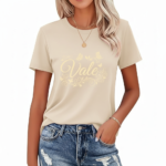 Women wearing Vale branded cotton graphic t-shirt with butterfly and floral swirl design, available in Maroon, Grey, and Cream colors.