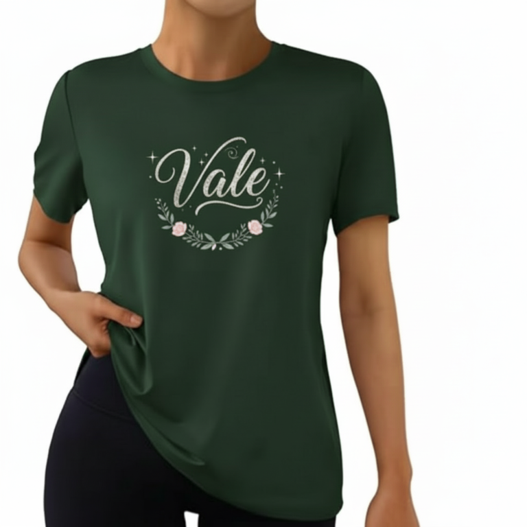 Woman wearing a "Vale" brand floral graphic t-shirt in breathable cotton, available in Forest Green, Olive, and Sand Beige colors.