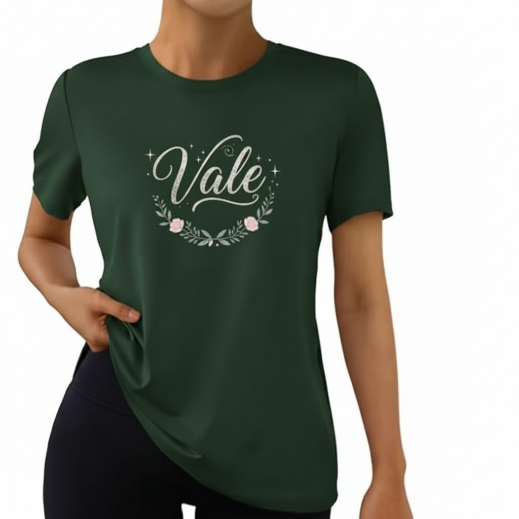 Vale Signature Floral Graphic T-Shirt Woman wearing a "Vale" brand floral graphic t-shirt in breathable cotton, available in Forest Green, Olive, and Sand Beige colors.