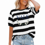 Women's breathable cotton striped t-shirt with puff sleeves and floral VALE graphic print, styled with light wash denim jeans.