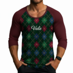 Men's slim fit 3/4 sleeve raglan shirt with green argyle pattern and "Vale" logo, 100% breathable cotton.
