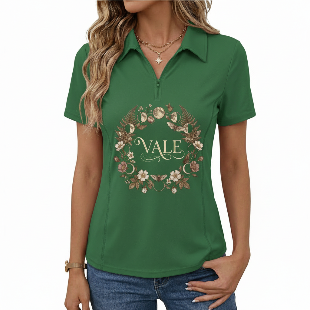 Women’s Breathable Cotton Quarter-Zip Polo Shirt Women's quarter-zip cotton polo shirt featuring a VALE celestial moon and moth botanical wreath design in Forest Green, Black, and Rose.